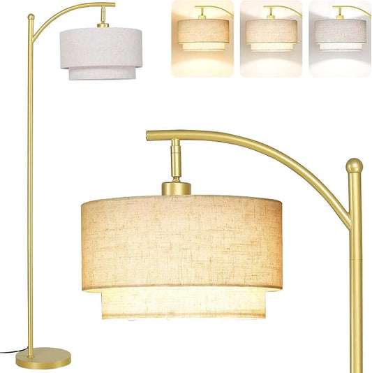 SUNMORY Floor Lamps for Living Room with 12W LED Bulb, Arc Lamp with 3 CCT | Modern Floor Lamps with Adjustable Double Fabric Shades, Industrial Arched Lamp, Tall Standing Lamp for Bedroom, Corner