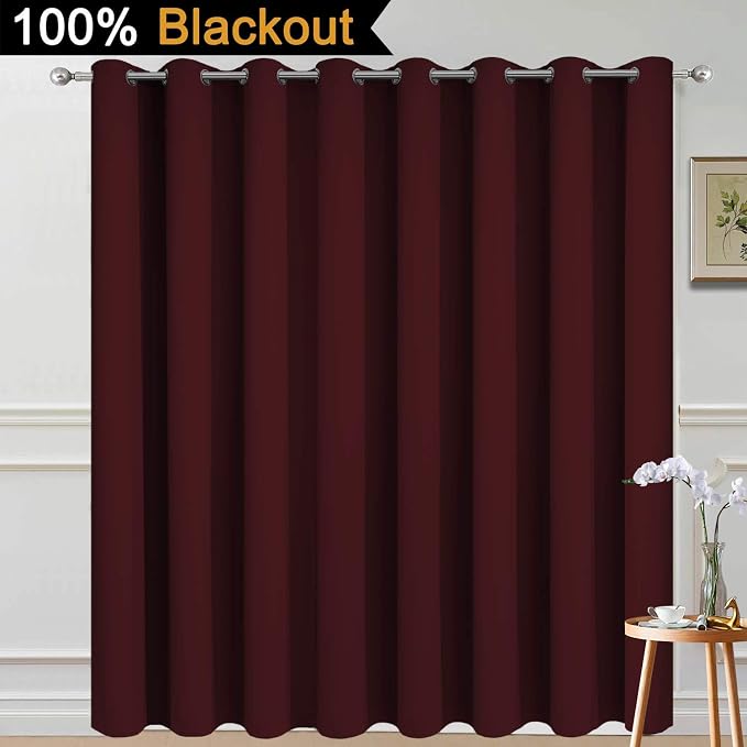 Yakamok Burgundy Red Blackout Patio Door Curtain Panels W100 x L84,1 Panel | Noise Reducing Barrier Panel for Sliding Glass Door, 2 Thick Layers Heat Full Light Blocking Patio Door Drapery