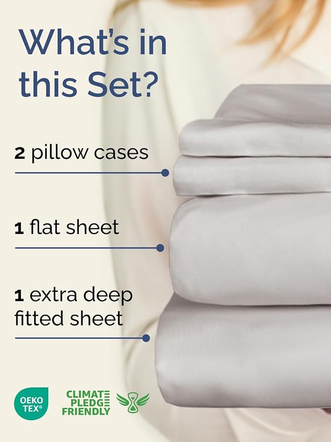 Extra Deep Cal King Sheet Set - 4 Piece Breathable & Cooling - French Grey | Easily Fits 18 to 24 inch Mattress, Ultra Soft, Wrinkle & Fade Free with Extra Deep Pockets, Comfy Hotel Luxury Bedding