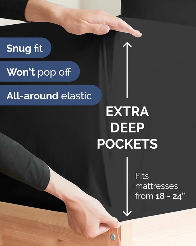 2 Pack Extra Deep Full Fitted Sheets with Extra Deep Pockets - Black | Hotel Luxury Bottom Fitted Sheets Only, Soft, Fade & Wrinkle Free, Breathable & Comfy, All Around Elastic Fitted Sheets