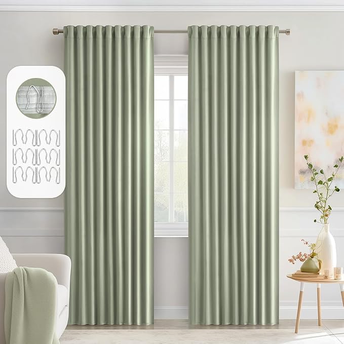 MIULEE Sage Green Back Tab Blackout Curtains 52x72 Inches Long 2 Panels Set | Rod Pocket Pinch Pleated, Thermal Insulated, Room Darkening, Light Blocking, Privacy Curtains for Living Room Bedroom