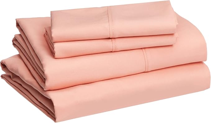 Amazon Basics Breathable, Wrinkle Free Lightweight Microfiber 4-Piece Bed Sheet Set with 14-Inch Deep Pockets, Includes Comfortable Pillowcases, Queen, Peachy Coral, Solid