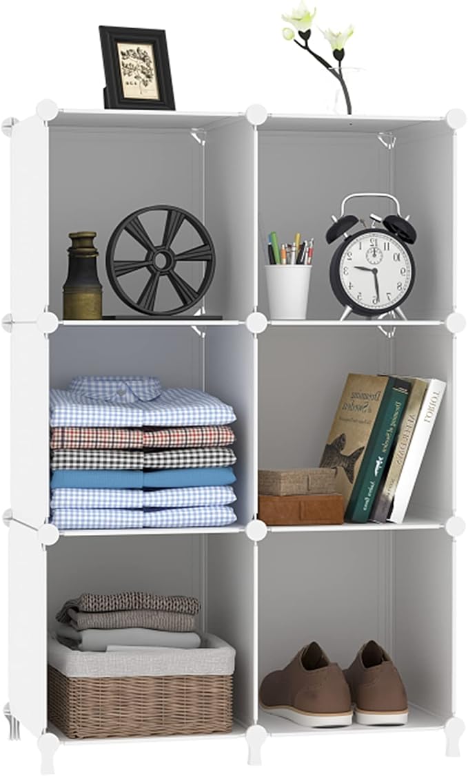 AWTATOS Closet Organizers and Storage, 6 Cube Storage Organizer, White | Portable Closet Storage Shelves, DIY Stackable Storage Cube Book Shelf, Plastic Clothes Organizer Shelving for Bedroom, Home