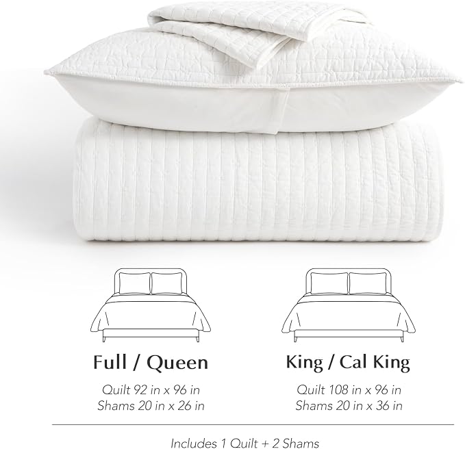 100% Cotton Cross Stitch 3-Piece Quilt Set, King, Bright White | 100% Cotton, Elegant Cross Stitch, Soft & Breathable, Prewashed Softness, Oversized Design, OEKO-TEX® Certified