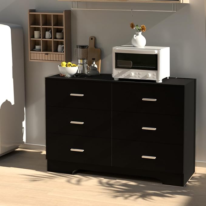 FJTJBSI Dresser with Power Outlets Wooden 6 Drawer Dresser with USB and Type C Port Chest of Drawers for Bedroom Tall Black Organizer Storage for Living Room Hallway Closet