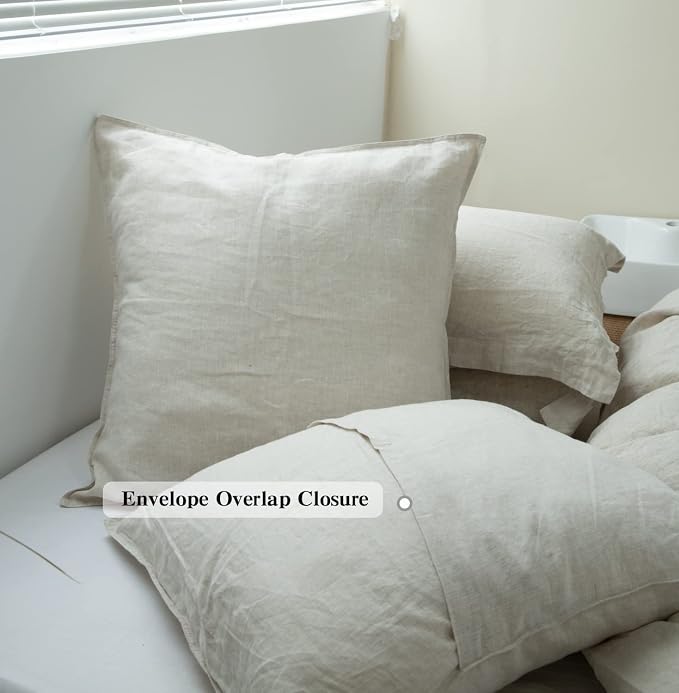 Simple&Opulence 100% Washed Linen Euro Shams 26'' x 26'' Pack of 2, Basic Style Solid Color Natural Flax Farmhouse Decorative Square Throw Pillow Covers for Bed Couch Sofa - Linen