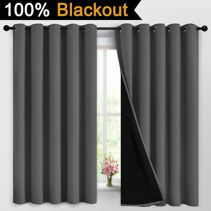 Yakamok Dark Grey 100% Blackout Curtains 63 Inches Long 62" Wide 2 Panels | Blackout Curtain Panels for Bedroom, 2 Thick Layers Grommet Top Thermal Insulated Drapes with Black Liner for Living Room