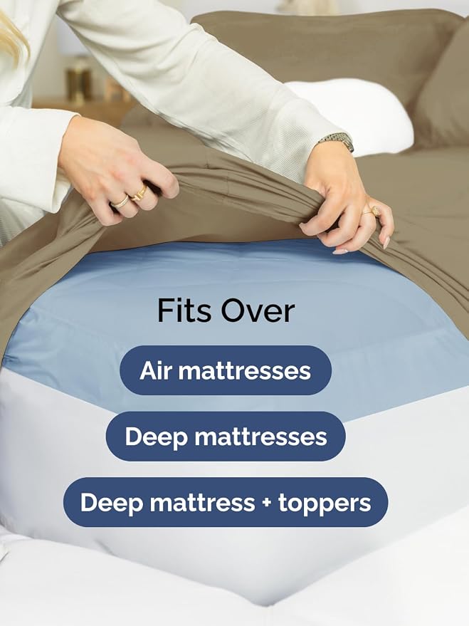 Extra Deep Full Sheet Set - 6 Piece Breathable and Cooling Sheets - Khaki | Hotel Luxury Bed Sheets Set, Easy & Secure Fit, Ultra-Soft, Wrinkle & Fade Free, Comfy Sheets Set with Extra Deep Pockets