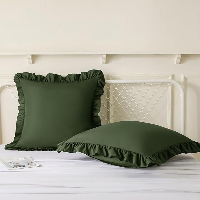 KKJIAF 2 Pack Ruffle Pillow Cases 18x18 Inches, Olive Green | Square Ruffled Pillow Covers, Microfiber Wrinkle Resistant Pillow Shams with Envelope Closure for Sofa Bed Living Room