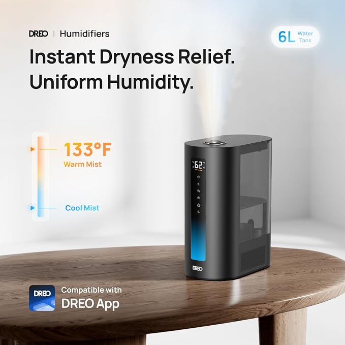 DREO 6L Smart Humidifiers for Bedroom, Warm & Cool Mist for Large Room | 60-Hour Quiet Runtime, 500ML/H Output, Smart Humidity Sensor, Indicator Light, App Control, Works with Alexa & Google, Black