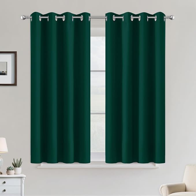 COSVIYA Grommet Room Darkening Dark Green Curtains 45 inch Long for Bedroom | Light Blocking Insulated Thermal Curtains for Living Room, Blackout Thick Polyester Window Drapes,52x45 inches, 2 Panels
