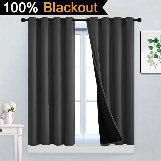 Yakamok Charcoal Grey 100% Blackout Curtains 45 Inches Long 52" Wide 2 PCS | Blackout Curtain Panels for Bedroom, 2 Thick Layers Grommet Top Thermal Insulated Drapes with Black Liner for Living Room