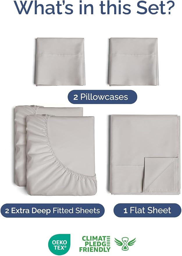 Extra Deep Split King Sheet Set - 5 Piece Breathable Cooling - Light Grey | Easily Fits 18 to 24 inch Mattress - Ultra Soft, Wrinkle & Fade Free with Extra Deep Pockets - Comfy Hotel Luxury Bedding