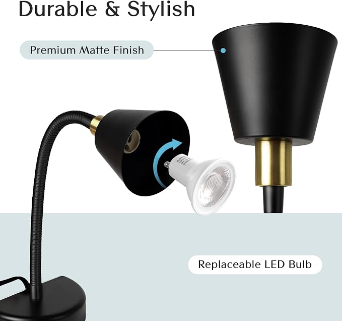 Patented Innovative Design Headboard Reading Light. No Drilling Golden Book Light for Bedtime Reading. Dimmable LED Book Reading Lamp with Bulb. Movable & Flexible, Black and Golden