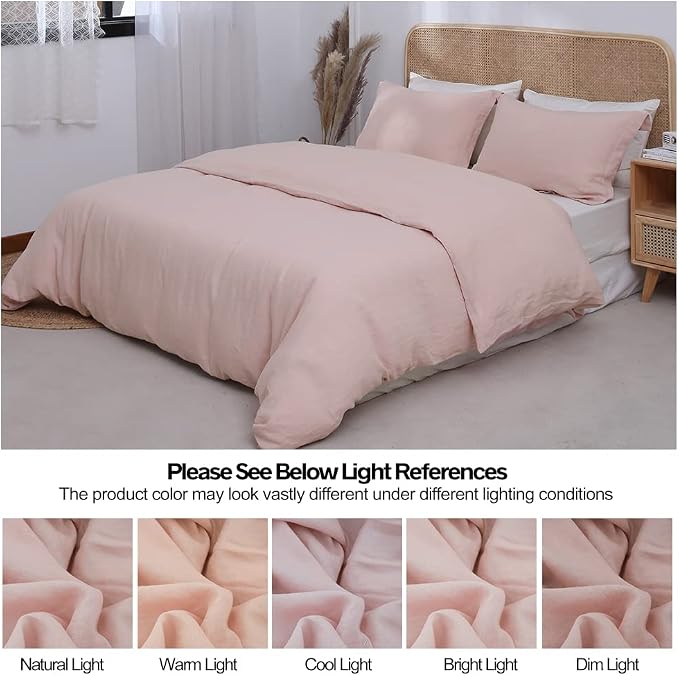 Simple&Opulence 100% Linen Duvet Cover Set 3pcs Basic Style Natural French Washed Flax Solid Color Soft Breathable Farmhouse Bedding with Button Closure - Blush Pink, Full