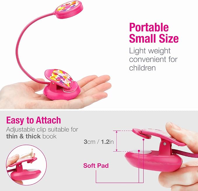 Vekkia Cute Rechargeable Book Light Eye-Care Clip on Lights (Rose Red) | for Reading in Bed/3 Colors & 3 Brightness/1.8oz Lightweight/Up to 40 Hours Useage/Great Gifts for Kids & Readers