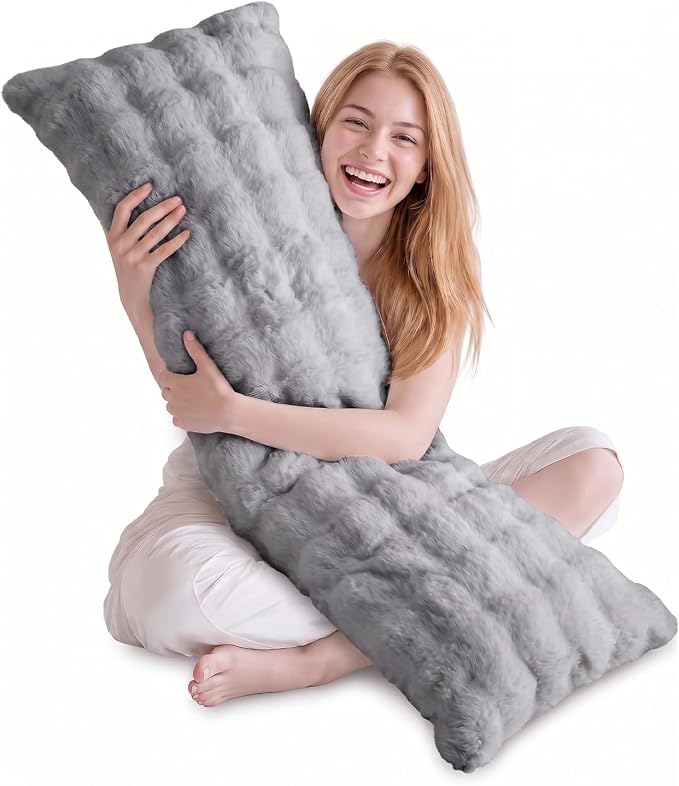 DOWNCOOL Premium Large Body Pillow Insert with Faux Rabbit Fur Cover - Large Full Body Pillows for Adults - Soft Long Bed Pillows for Side Sleepers - 20x54 inch (Grey, with Cover)