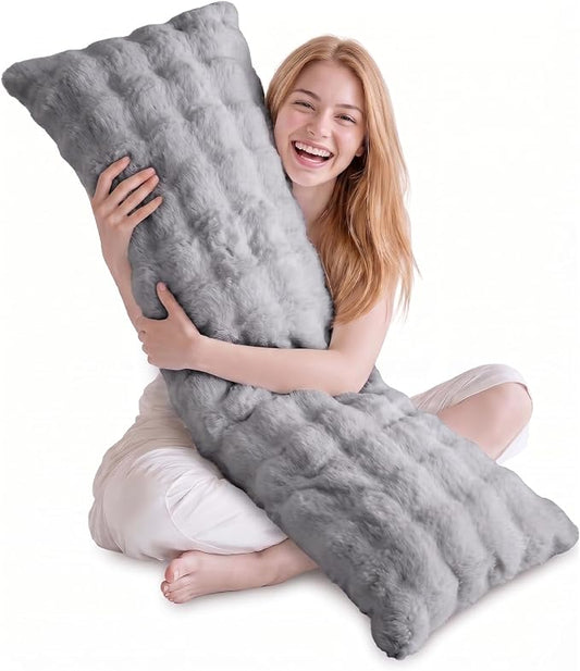 DOWNCOOL Premium Large Body Pillow Insert with Faux Rabbit Fur Cover - Large Full Body Pillows for Adults - Soft Long Bed Pillows for Side Sleepers - 20x54 inch (Grey, with Cover)