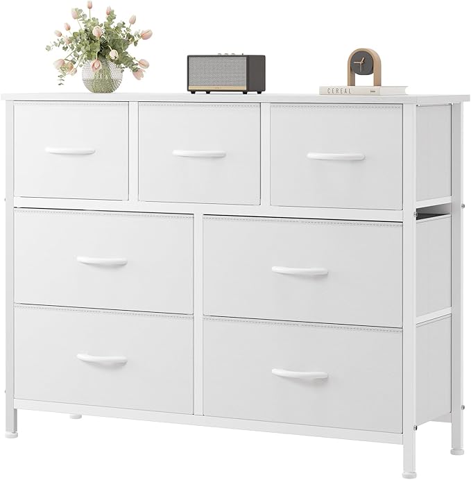 OLIXIS 7 Drawer Fabric Dresser, Storage Tower for Bedroom and Closet | White Easy-Pull Bins for Closet Organizers, Chest of Drawers with Sturdy Steel Frame & Wooden Top for Living Room, Entryway