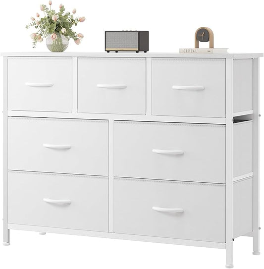 OLIXIS 7 Drawer Fabric Dresser, Storage Tower for Bedroom and Closet | White Easy-Pull Bins for Closet Organizers, Chest of Drawers with Sturdy Steel Frame & Wooden Top for Living Room, Entryway