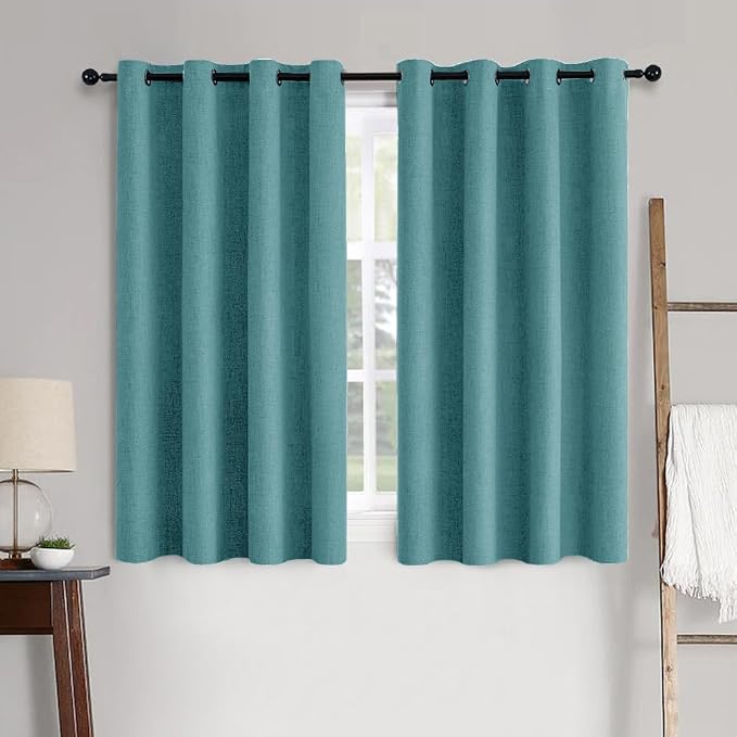 MIULEE 100% Blackout Linen Curtains for Bedroom 52x63 Inches Teal | Room Darkening, Light Blocking, Thermal Insulated, Grommet Top, Linen Textured, Window Curtains for Living Room, 2 Panels