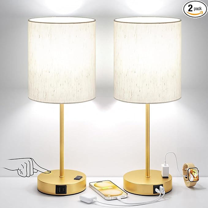 17.6" Gold Touch Lamps for Bedroom Set of 2 - Dimmable, USB C+A, AC Outlet | Large 17.6" Tall Lamp, 3-Way Dimming, 5000K Daylight Bulbs, Cream Lampshade Gold Base, for Living Room, Boys, Men, Girls