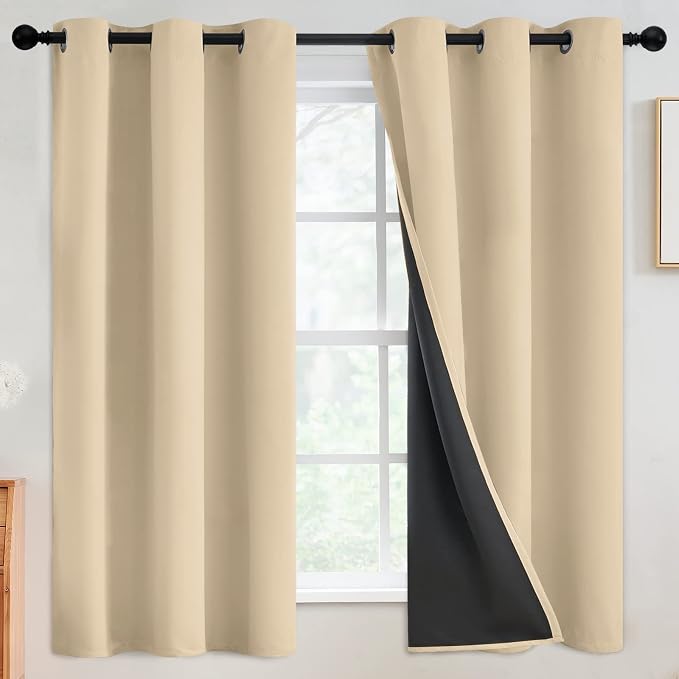 SimpleHome Beige 100% Blackout Curtains Room Darkening Living Room 63 Inch | Curtains for Bedroom,Thermal Insulated Grommet Window Drapes,Curtains for Living Room with Black Back,42 x 63 Inch,2 Panels