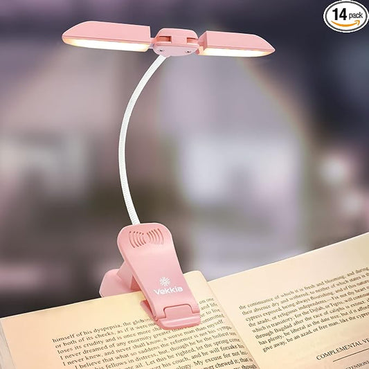 Vekkia 14 LED Rechargeable Book Light for Reading at Night | Eye-Care Reading Light for Books in Bed/180° Adjustable, Clip on Lamp/3 Color Temperatures, Lightweight
