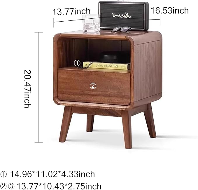 Solid Wood Nightstand Set of 2, Bedside Table Set of 2, Walnut Nightstands with Drawer, Wood Side Table with Open Storage, Modern Nightstand for Bedroom, End Table for Living Room