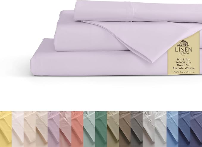 Linen Home 100% Cotton Percale Sheets Twin XL Size, Iris Lilac, Deep Pocket, 3 Pieces Set- 1 Flat, 1 Fitted and 1 Pillowcase, Crisp Cool and Long Staple Strong Bed Linen