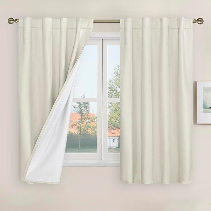 Ivory 100% Blackout Linen Curtains 48 Inches Long, 34 x 48 Inch | Linen Textured, Living Room, Kitchen Curtains, Full Room Darkening, Panels with White Liner, Rod Pocket Back Tab, 2 Panels