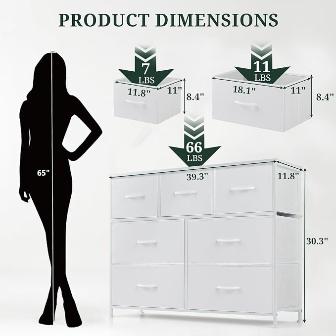 7-Drawer Dresser for Bedroom, Anti-Tip Wide Storage Organizer Fabric | Chest of Drawers TV Stand for 45" TV with Wooden Top and Metal Frame for Closet, Living Room, Hallway, Entryway, White