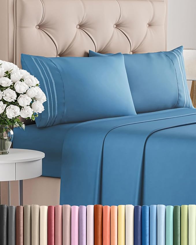 Cal King Size 4 Piece Sheet Set - Breathable & Cooling Sheets - Denim Blue | Hotel Luxury Bed Sheets for Women & Men, Deep Pockets, Easy-Fit, Extra Soft & Wrinkle Free Sheets, Oeko-Tex Bed Sheet Set