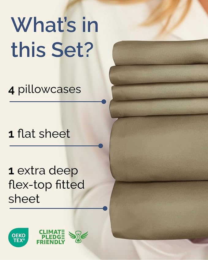 Flex Top Split Head King 6 Piece Sheet Set - Breathable & Cooling - Khaki | Ultra Soft Hotel Luxury Bedding Set w/ 8-16 Inch Deep Pockets, 1 Flat & 1 Split-Head Fitted Sheet & 4 Pillowcases, Fade Free