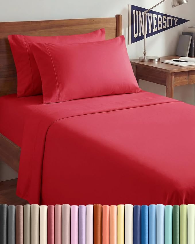 Twin XL 4 Piece Sheet Set - College Dorm Room Essentials - Red | Ultra Soft Dorm Bedding Set, 8" to 16" Inch Deep Pockets, 1 Flat & 1 Fitted Sheet & 2 Pillowcases, Wrinkle & Fade Free