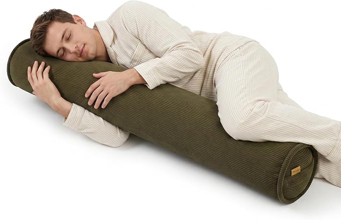 Long Round Body Pillow for Adults – Corduroy Cervical Roll Bolster Pillow, Firm Support for Spine Alignment & Side Sleeping,47 x 7.87 Inches,Martini 0live