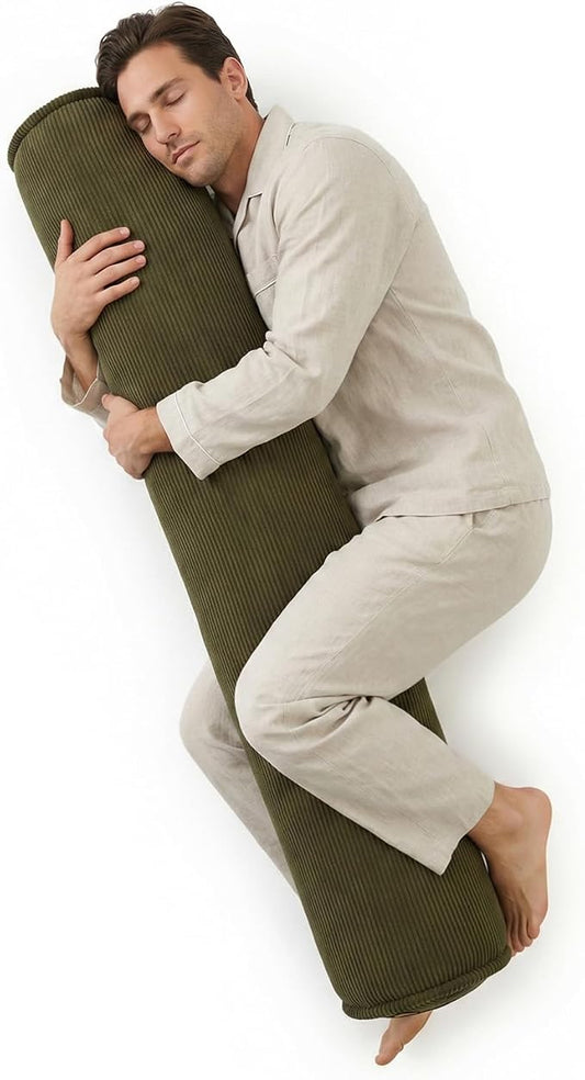 Body Pillow for Adults – Corduroy Long Round Bolster Pillow for Bed, Cuddle Pillow with Full Support for Side Sleepers & Restful Sleep,59 x 7.87 Inches,Martini 0live