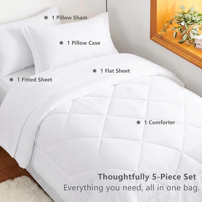 Twin XL Comforter Set with Sheets White - 5 Pieces Bed in a Bag | College Dorm Essentials, OEKO-TEX Certified, All Season, 240GSM Down-Alternative Comforter, Sheets, Pillowcase & Sham