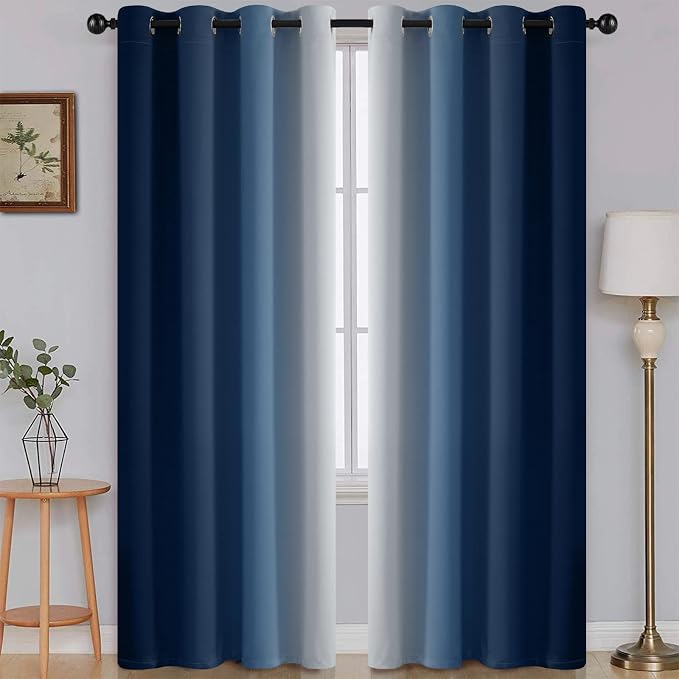 SimpleHome Ombre Blue to Grey White Curtains for Living Room 52Wx84L | Room Darkening Curtains for Bedroom,Gradient Light Blocking Curtain,Thermal Insulated Grommet Window Drapes,2 Panels,84 Inch