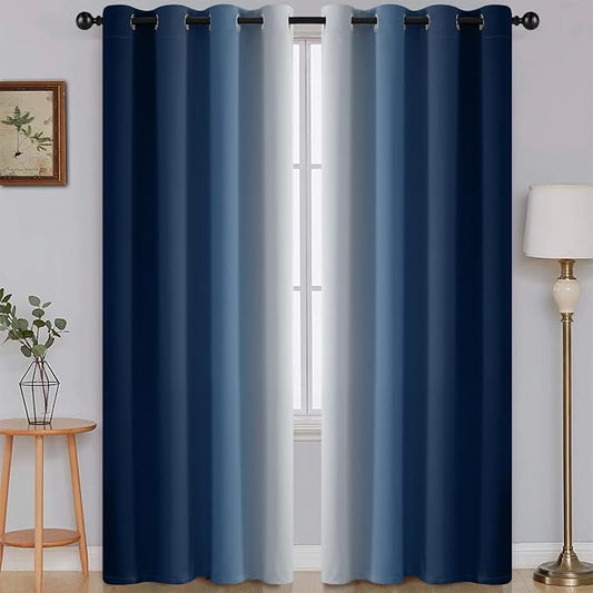 SimpleHome Ombre Blue to Grey White Curtains for Living Room 52Wx84L | Room Darkening Curtains for Bedroom,Gradient Light Blocking Curtain,Thermal Insulated Grommet Window Drapes,2 Panels,84 Inch