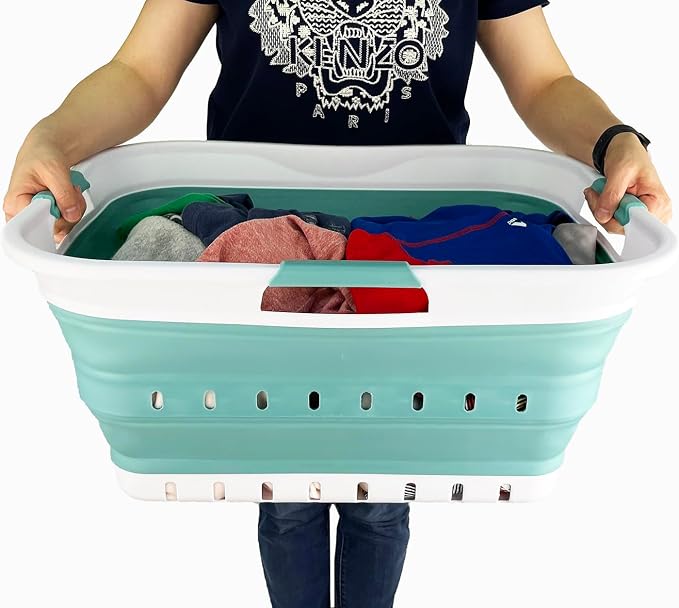 SAMMART 42L (11 gallon) Collapsible Plastic Laundry Basket - Foldable Pop Up Storage Container/Organizer - Space Saving Hamper/Basket (1, White/Celadon Green)