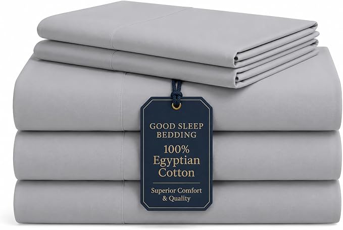 Good Sleep Bedding Split King Sheets for Adjustable Bed, 5 Piece, 100% Egyptian Cotton Sheet & Pillowcase Sets, Sateen Weave, Ultra-Soft, 16" Deep Pocket Adjustable Bed Sheets - Light Gray