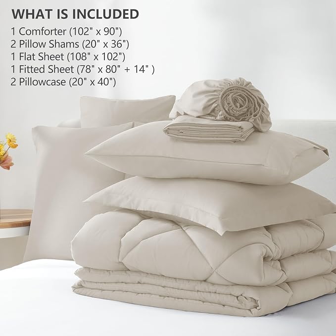 King Size Comforter Set Beige - 7 Pieces Complete Bedding Set | OEKO-TEX Certified, All Season, 240GSM Down-Alternative Comforter, Sheets, Pillowcases & Shams, 14" Deep Pocket, Easy Care