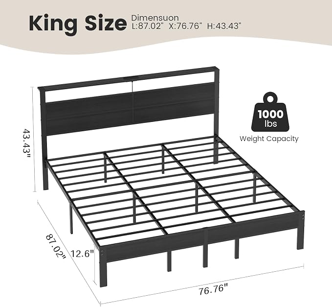 King Size Bed Frame with LED Lights and Charging Station | Black Metal Platform Bed with Wood StorageHeadboard, Sturdy Slats, No Box Spring Needed, Noise Free, Easy Assembly