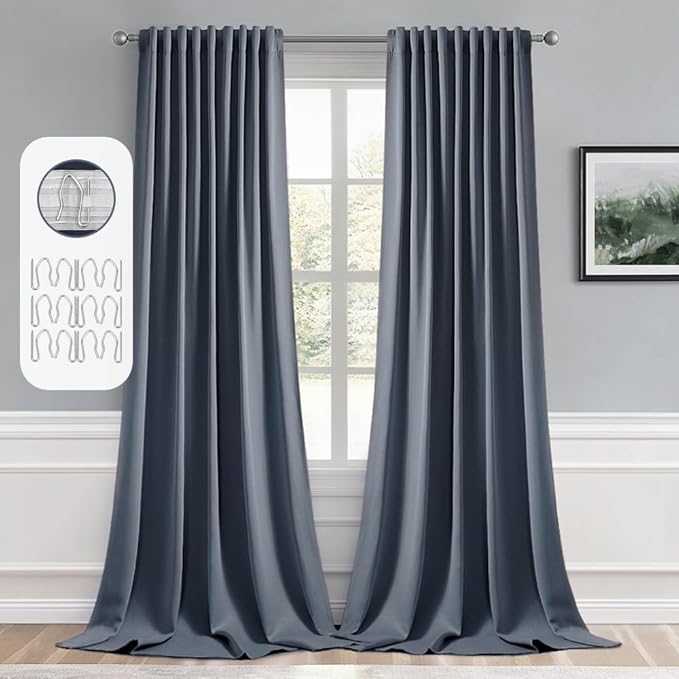 MIULEE Stone Blue Back Tab Blackout Curtains 52x108 Inch Long 2 Panels Set | Rod Pocket Pinch Pleated, Thermal Insulated, Bedroom Living Room Darkening Privacy Drapes, Extra Long Light Blocking Curtains