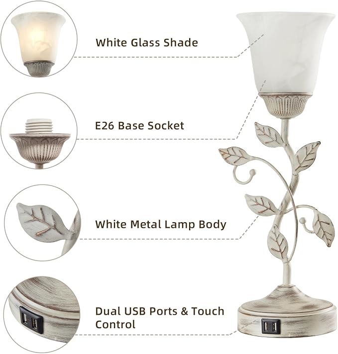 Rustic Touch Table Lamp for Bedroom with 2 USB C+A Ports | 3-Way Dimmable Nightstand Lamp, Retro Vintage White Glass Shade Leaf Desk Lamp for Living Room Entryway, LED Bulb Included