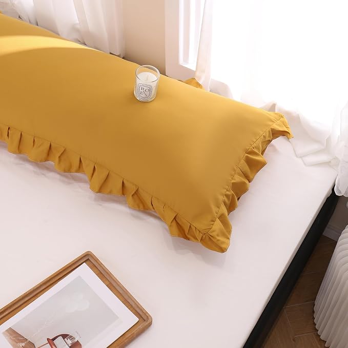 Merryword Mustard Yellow Body Pillow Cover 20x54inches Long Pillowcase Yellow Ruffled Chic Boho Pillowcases Ruffled Fringe Decor Body Ruffled Pillow Sham Cute Pillowcase (1 Body, Mustard Yellow)