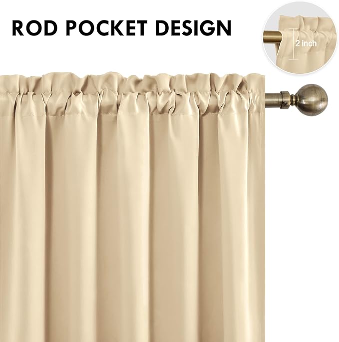 DWCN Wide Blackout Curtains for Bedroom Living Room 70 x 72 Inch Long Beige | 2 Panels Set, Room Darkening, Thermal Insulated, Light Blocking, Rod Pocket Drapes, Noise Reducing Window Treatments
