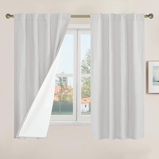 Short Window Linen Curtains 48 Inch Length 2 Panels, Light Grey | 100% Blackout Curtains, Linen Textured, Thermal, Panels for Bedroom, Rod Pocket Back Tab, with White Liner, 34 x 48 Inch