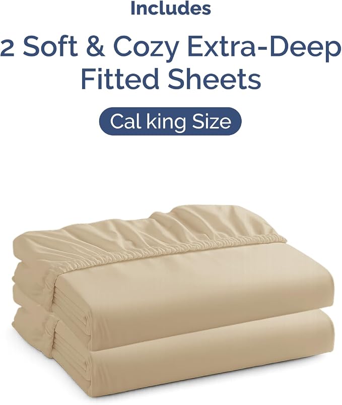 2 Pack Extra Deep Cal King Fitted Sheets with Extra Deep Pockets - Cream | Hotel Luxury Bottom Fitted Sheets Only, Soft, Fade & Wrinkle Free, Breathable & Comfy, All Around Elastic Fitted Sheets